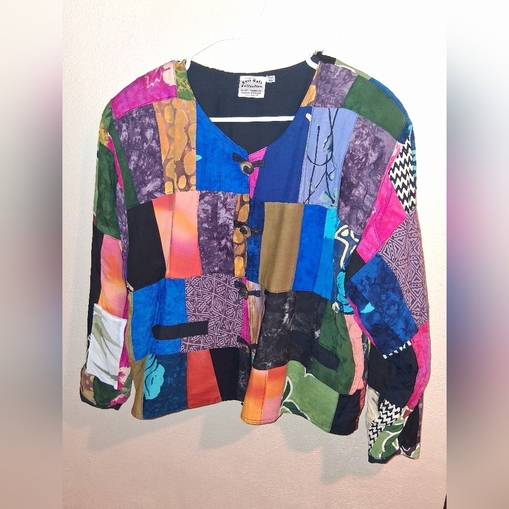 KOSI BALI Colorful Artistic Patchwork Jacket Gold Coin Button Detail 1X